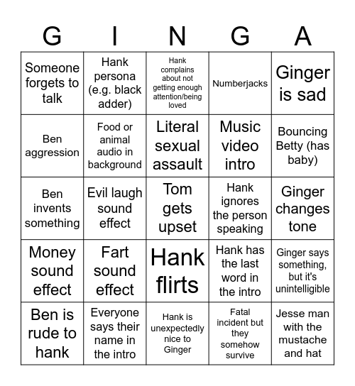 Talking Tom Dub Bingo Card