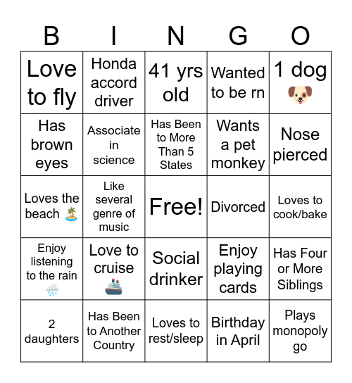 Pen Pal Bingo Card