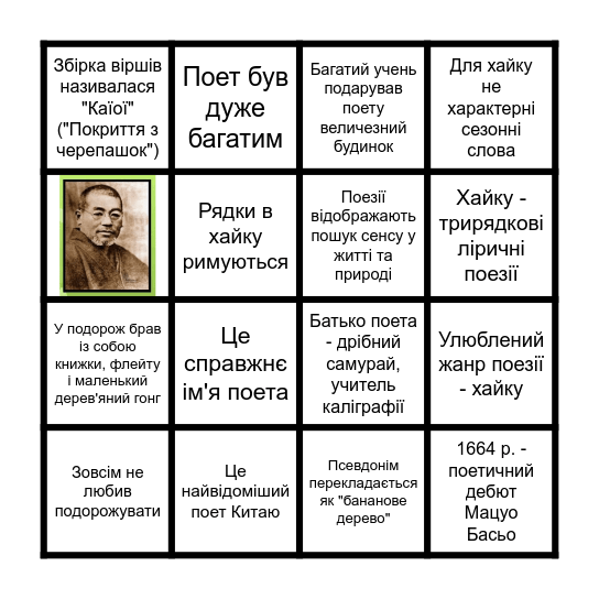 Знайдіть 7 помилкових тверджень про Мацуо Басьо Bingo Card