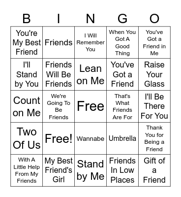 Bingo "Friendship" Songs Bingo Card