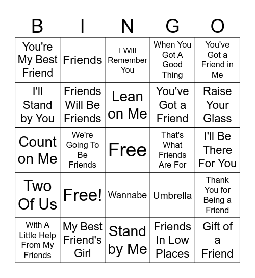 Bingo "Friendship" Songs Bingo Card