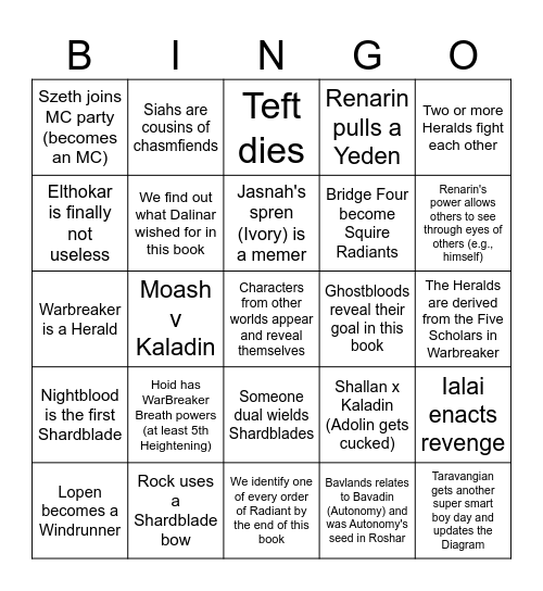 Oathbringer Bingo Card