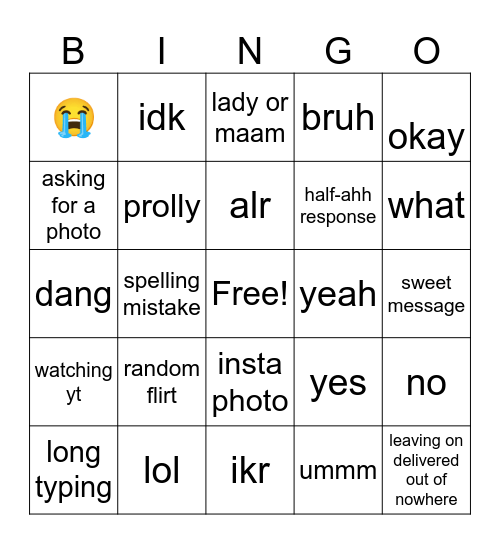 oliver's texting Bingo Card