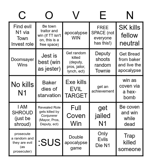 Town of Salem 2 BINGO BOARD Bingo Card