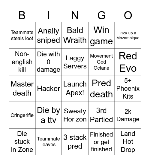 Apex Legends Bingo Card