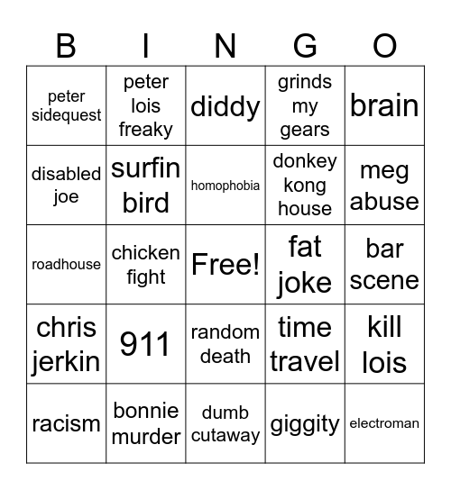 Family Guy Bingo Card