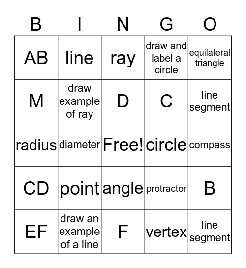 Points, Lines and Line Segment Bingo Card