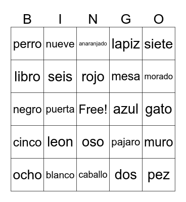 Spanish Bingo Card