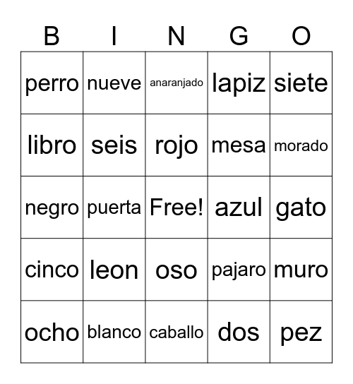 Spanish Bingo Card