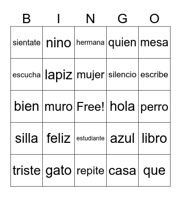 Spanish Bingo Card