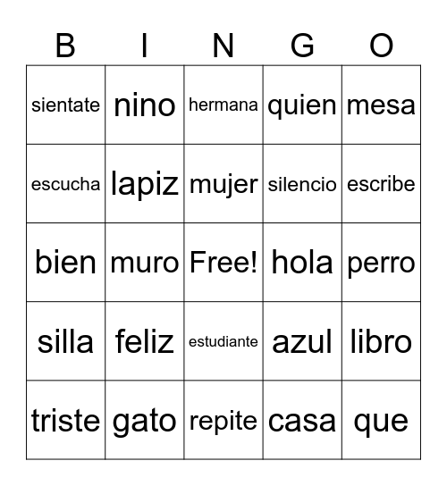Spanish Bingo Card