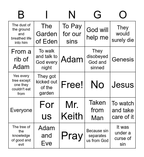Adam and Eve Bingo Card
