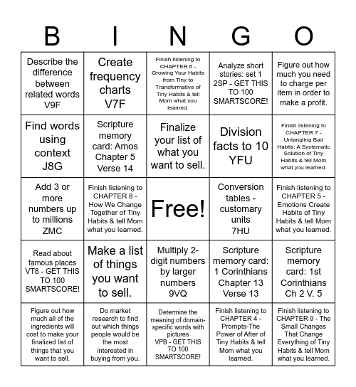 Nathan 11/11 to 11/16 Bingo Card