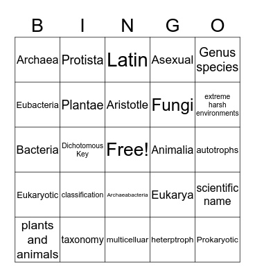 Classification Bingo Card