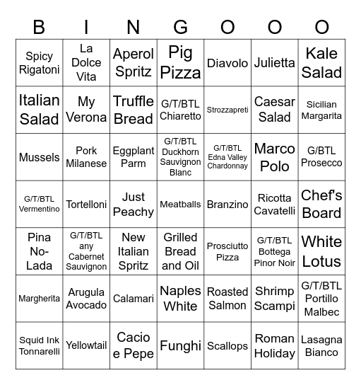 Saturday Night Bingo Card