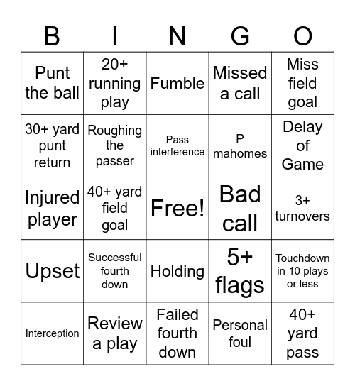 T and M Bingo Card