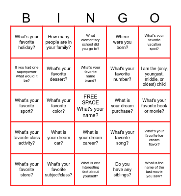 Get To Know You BINGO! Bingo Card