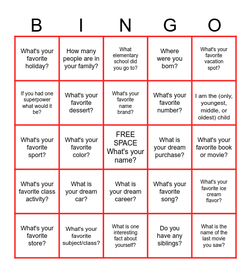 Get To Know You BINGO! Bingo Card