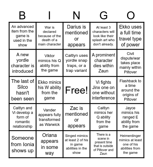 Season 2 Arcane Predictions Bingo Card