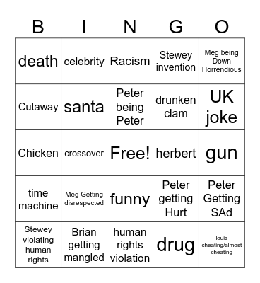 Family guy bingo Card