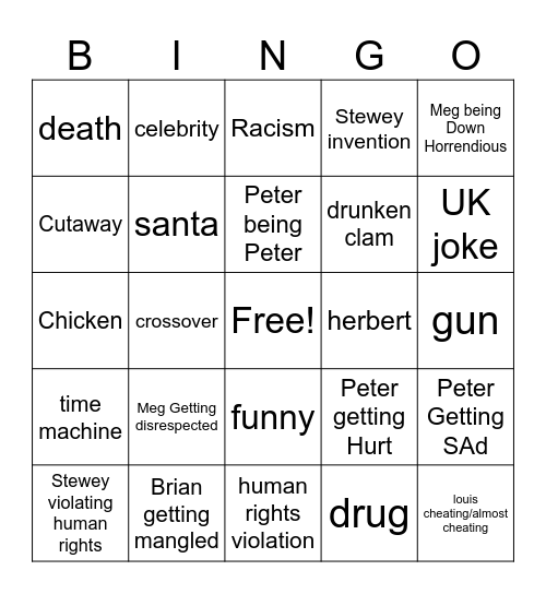 Family guy bingo Card