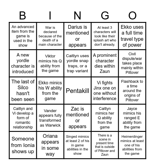 Season 2 Arcane Predictions Bingo Card