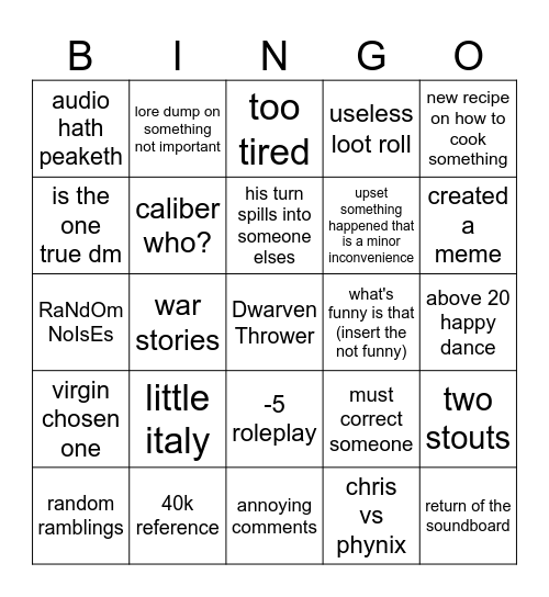 Return of the Phynix Bingo Card