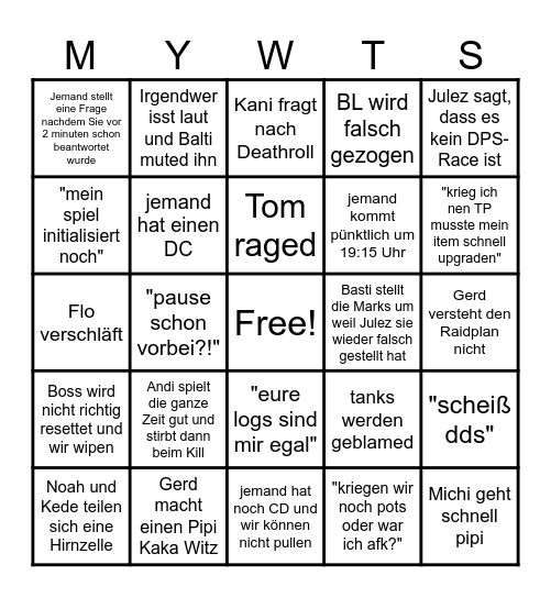 MYWTS Bingo Card