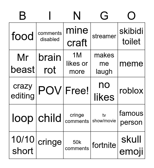 YouTube shorts bingo Card