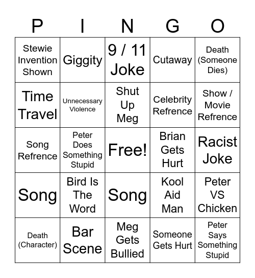 Family Guy Bingo Card