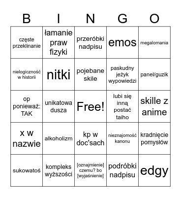 Postać Taiho Bingo Card