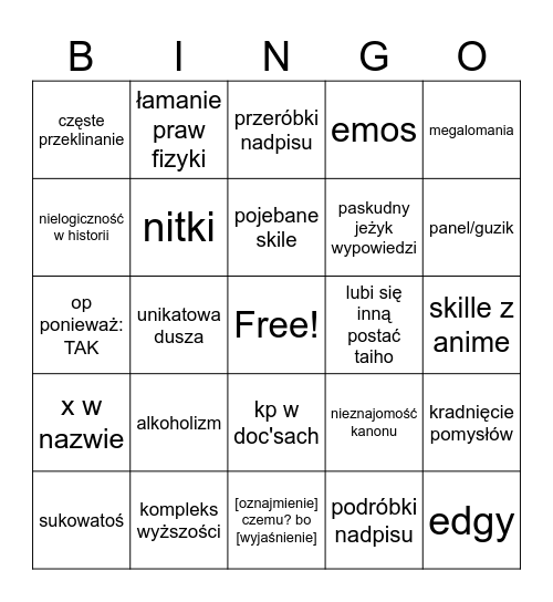 Postać Taiho Bingo Card