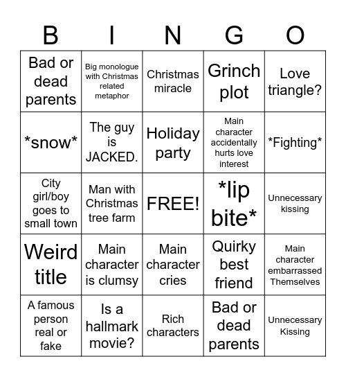 Christmas romance movie Bingo Card