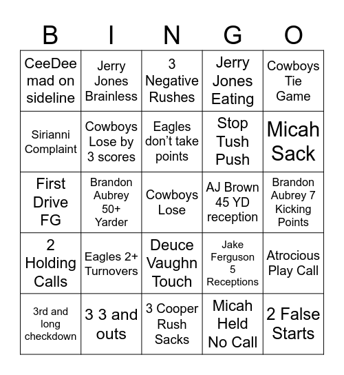 Cowboys Bingo Card