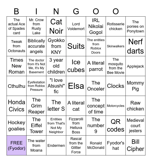 Nikolai's Hear Me Outs Bingo Card