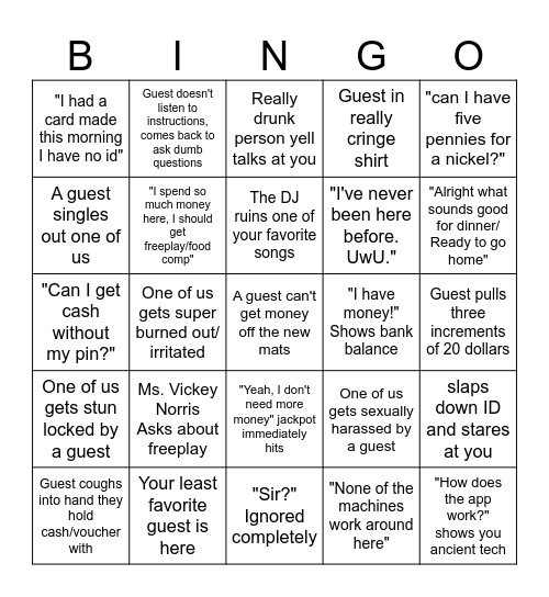 Mint Weekend Nights Bingo Card