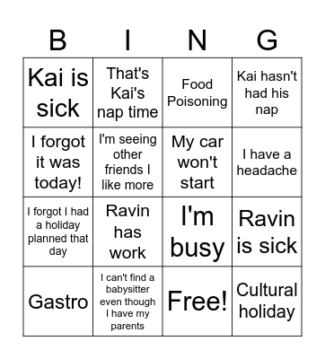Excuses Bingo Card