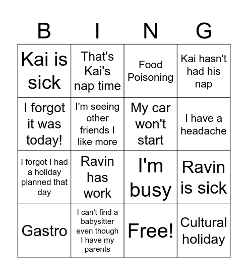 Excuses Bingo Card