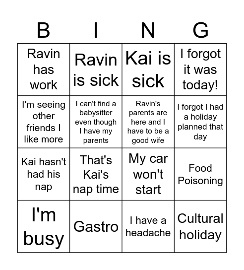 Excuses Bingo Card