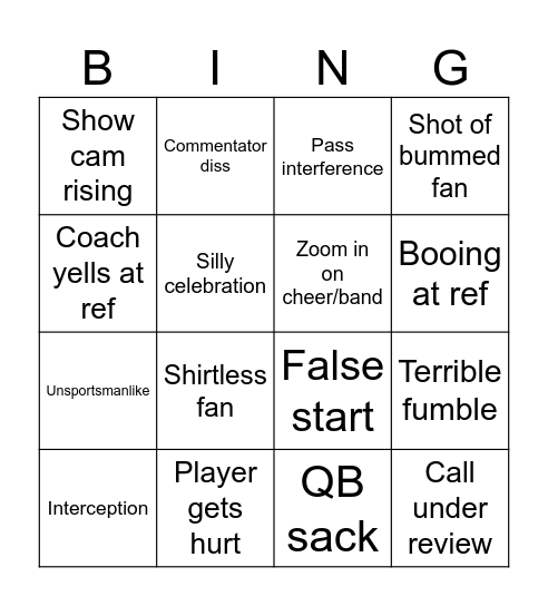 Football game Bingo Card