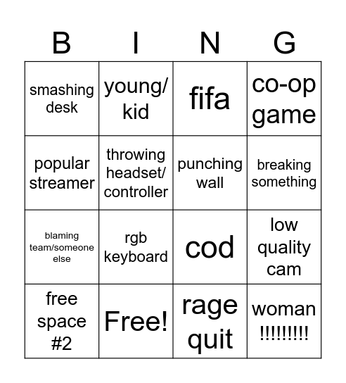 gamer rage Bingo Card