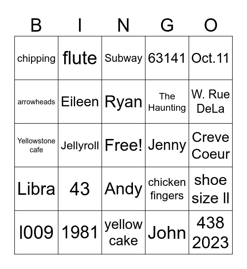 David's Birthday Bingo Card