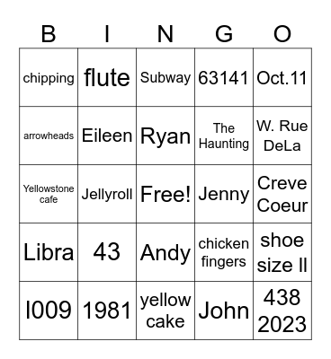 David's Birthday Bingo Card