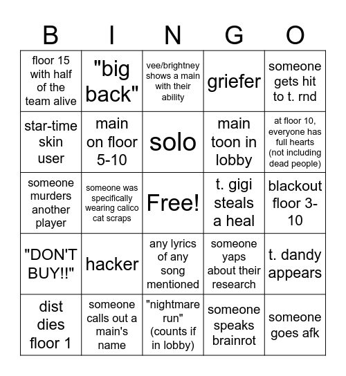 Dandy's World Bingo Card