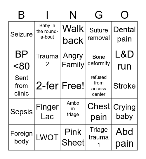 Triage Bingo Card