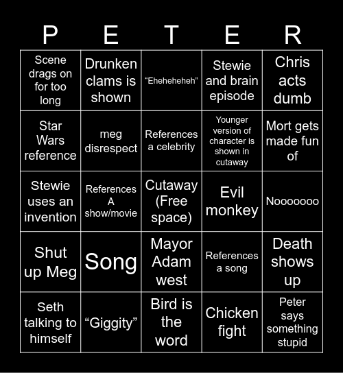 Family guy Bingo Card