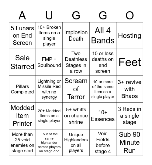 AUGGO Bingo Card