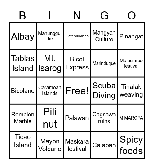 MIMAROPA & BICOL REGION Bingo Card