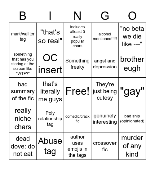 AO3 Fics Bingo Card