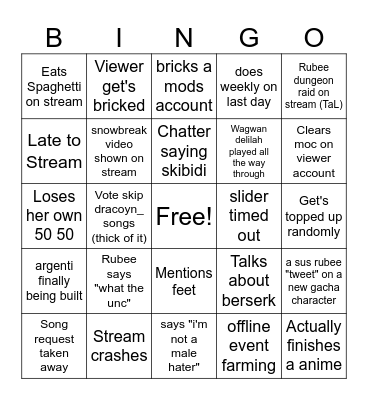 Rubee stream bingo card Bingo Card